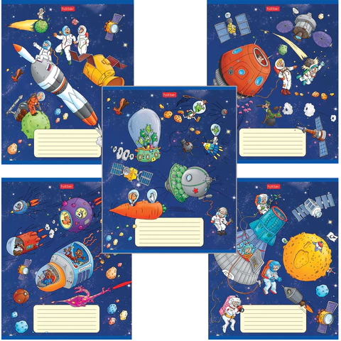 Тетрадь 18 л. HATBER клетка, обложка картон, "Космическое приключение" (5 видов в спайке),18Т5В1